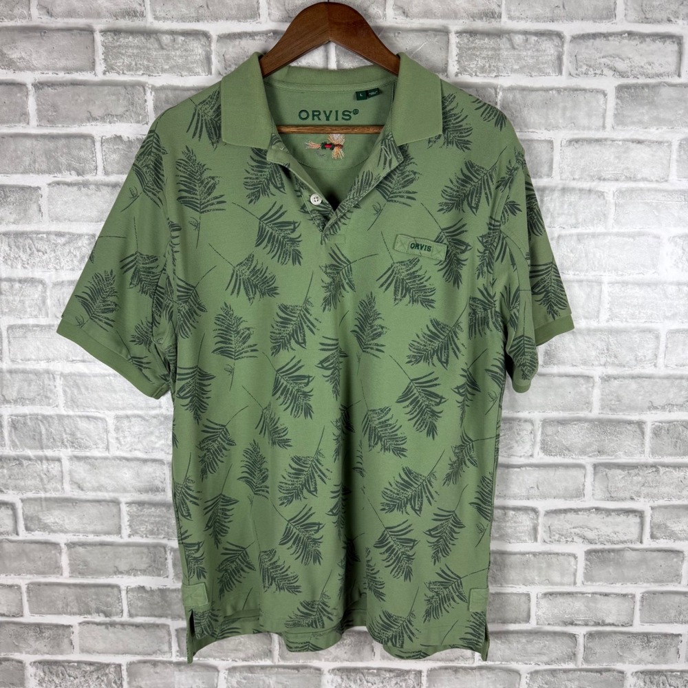 Orvis Mens Green Palm Leaf Print Cotton Polo Shirt Short Sleeve Size L 3FR9